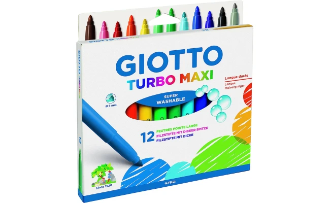 GIOTTO Turbo Maxi Super Washable Felt Tip Fibre Pens, Large Nib 5mm, Pack o 12